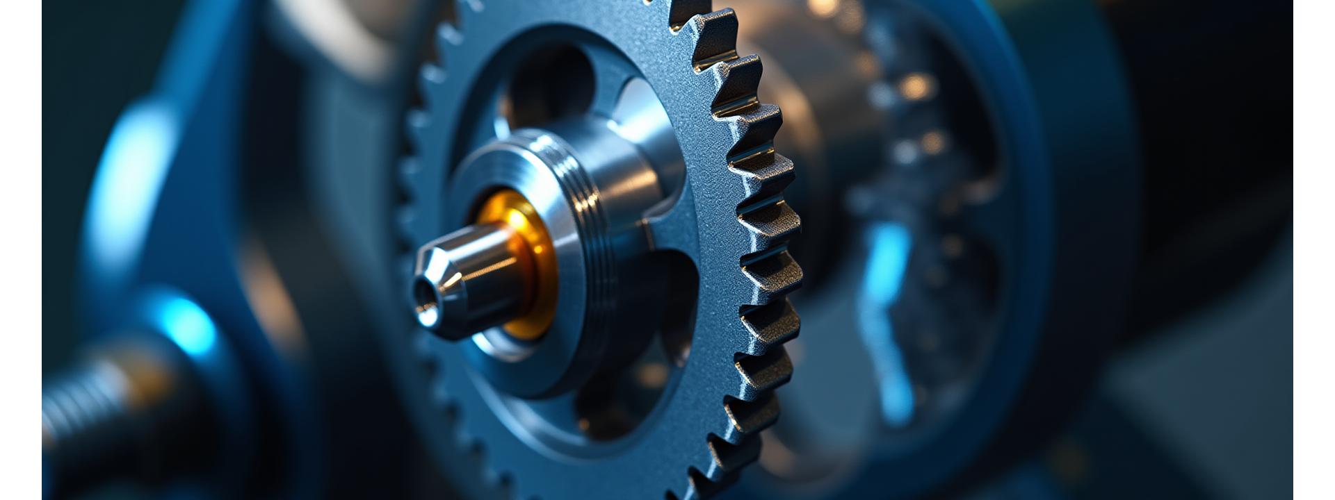 精密に加工されたリールギアのマクロ画像、光沢のある金属表面に微細な歯車が見える